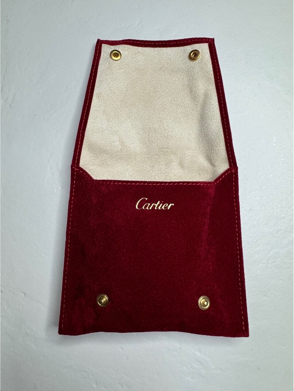 Cartier Red Suede Jewelry Pouch with Beige Interior and Snap Closure